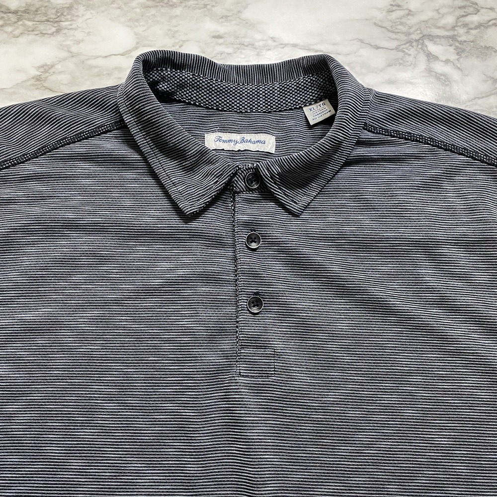 Tommy Bahama Men's Polo Shirt XL Gray Pinstripe Short Sleeve Tencel Lyocell - Picture 2 of 9
